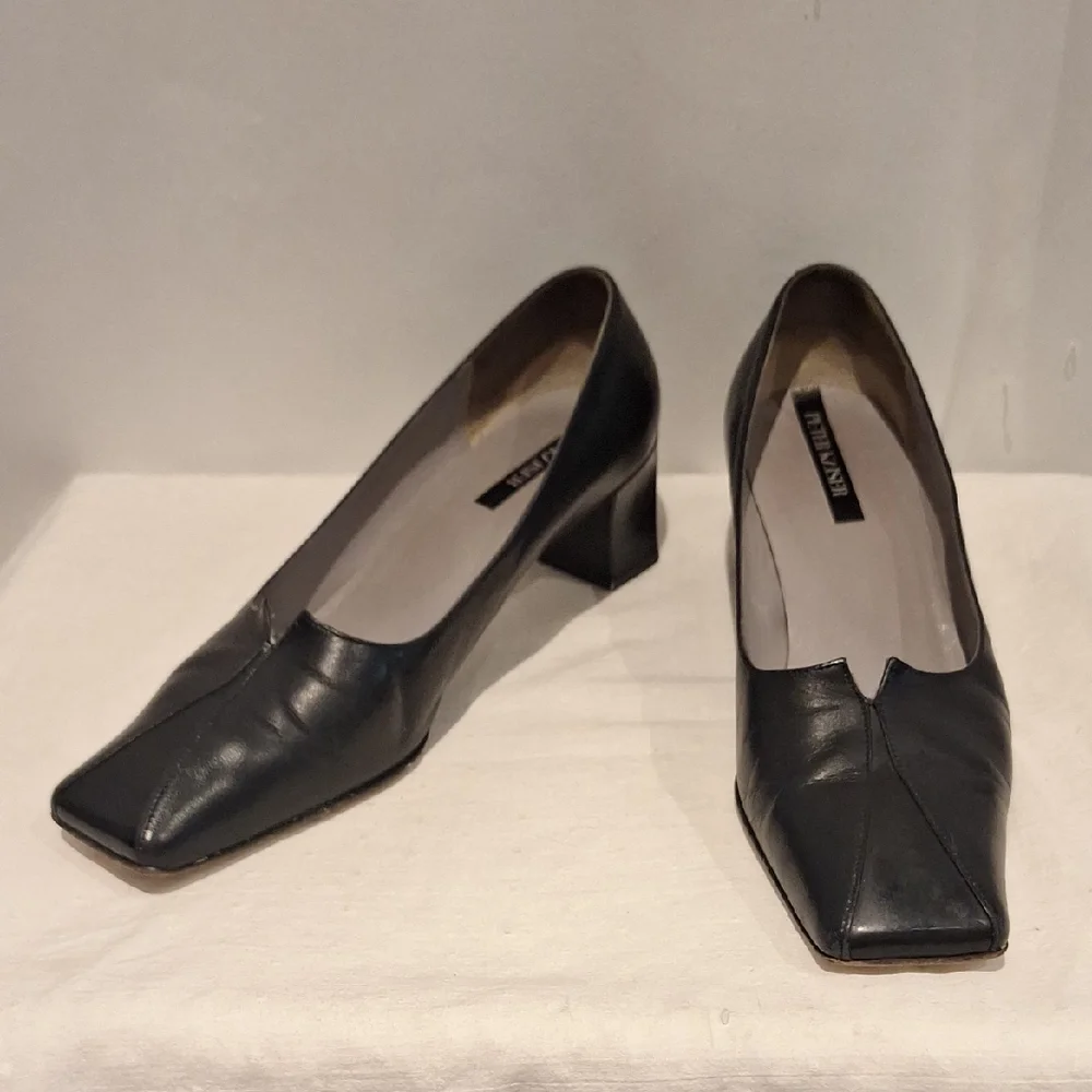 Peter Kaiser Black Block Heel Square Toe Leather Pumps
